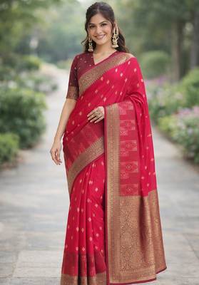 Pink silk blend banarasi saree with unstitched blouse piece 3