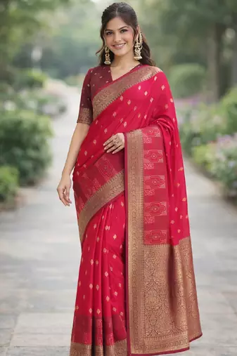 Pink silk blend banarasi saree with unstitched blouse piece