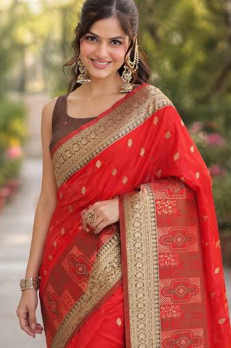 Red soft silk banarasi jacuard work designer party wear saree with unstitched blouse piece