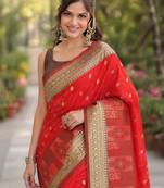 Red silk blend banarasi saree with unstitched blouse piece