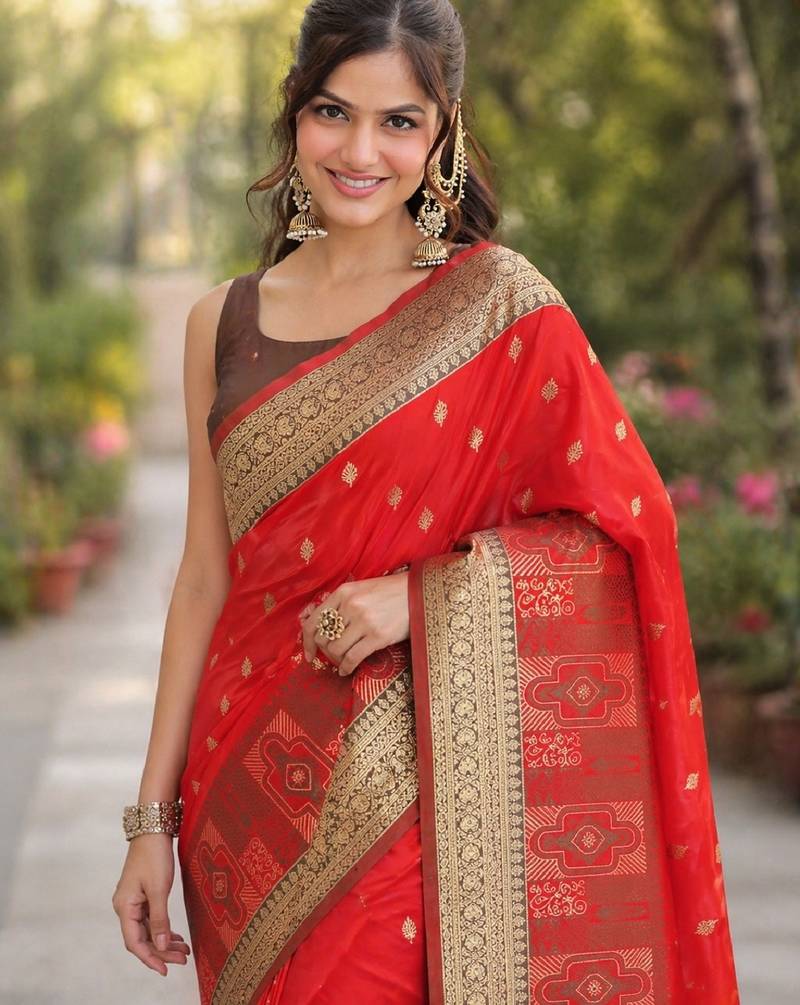 Red soft silk banarasi jacuard work designer party wear saree with unstitched blouse piece