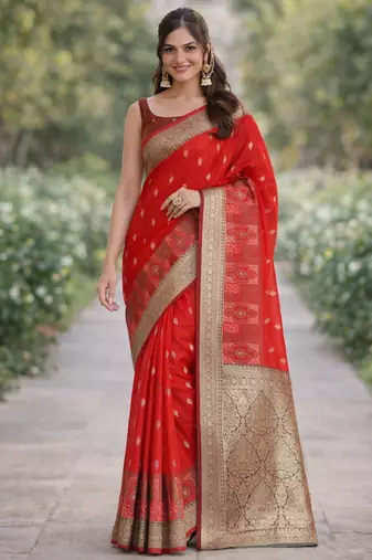 Red silk blend banarasi saree with unstitched blouse piece