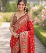 Red silk blend banarasi saree with unstitched blouse piece
