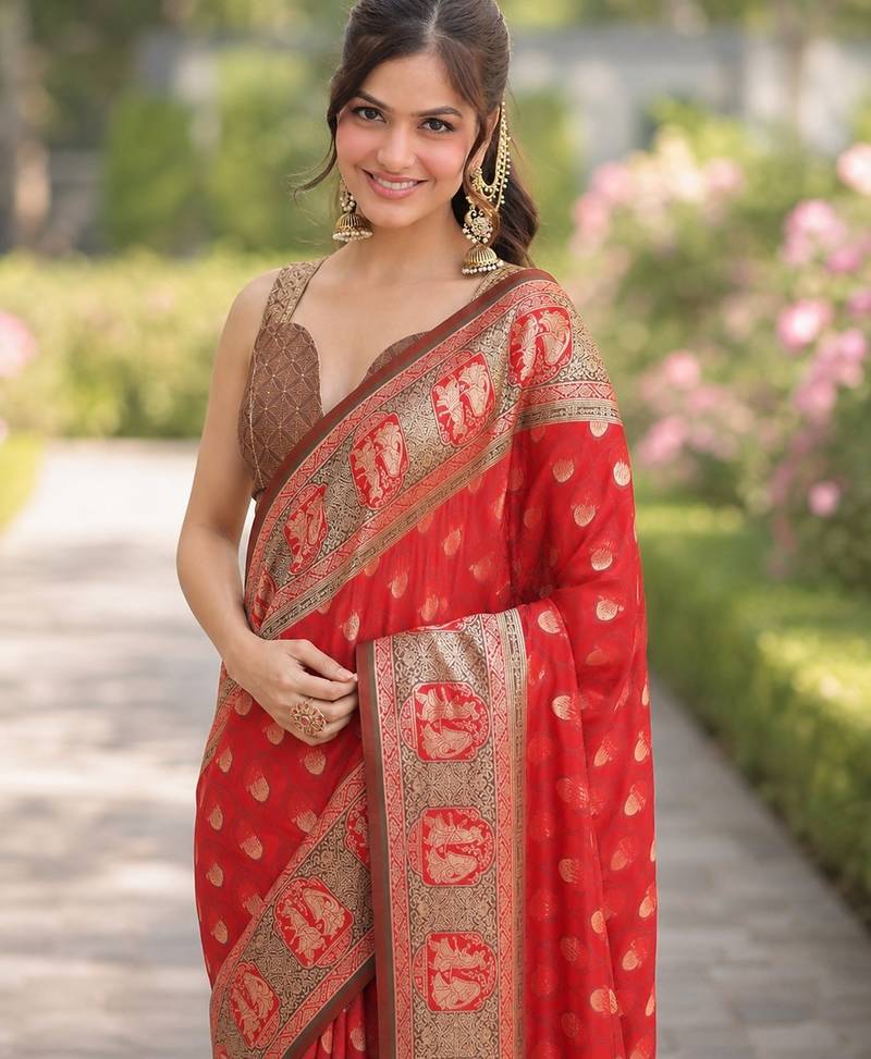 Red soft silk banarasi jacuard work designer party wear saree with unstitched blouse piece