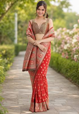 Red silk blend banarasi saree with unstitched blouse piece 2