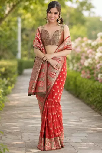 Red silk blend banarasi saree with unstitched blouse piece