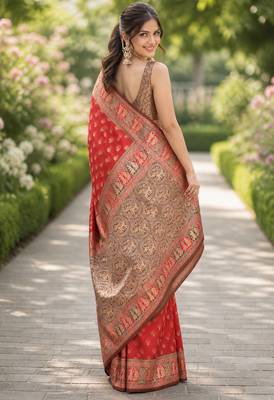 Red silk blend banarasi saree with unstitched blouse piece 3