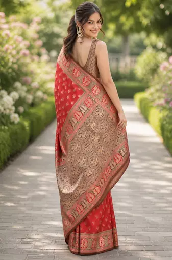 Red silk blend banarasi saree with unstitched blouse piece