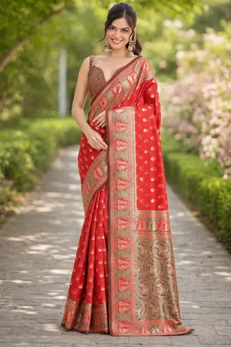 Red silk blend banarasi saree with unstitched blouse piece