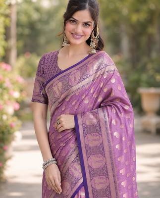 Lavender silk blend banarasi saree with unstitched blouse piece 1
