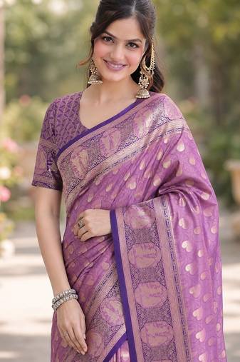 Lavender soft silk banarasi jacuard work designer party wear saree with unstitched blouse piece