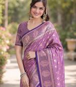 Lavender silk blend banarasi saree with unstitched blouse piece