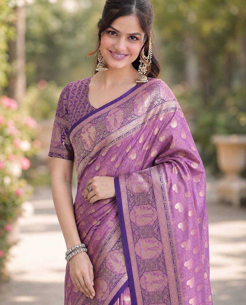 Lavender soft silk banarasi jacuard work designer party wear saree with unstitched blouse piece