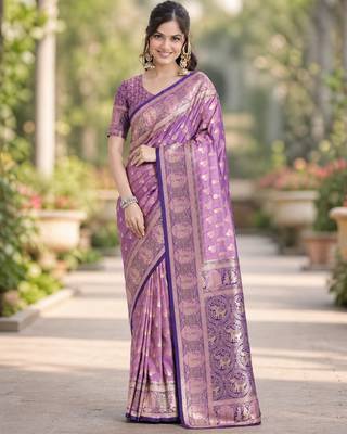 Lavender silk blend banarasi saree with unstitched blouse piece 2