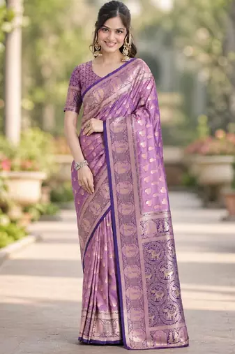 Lavender silk blend banarasi saree with unstitched blouse piece