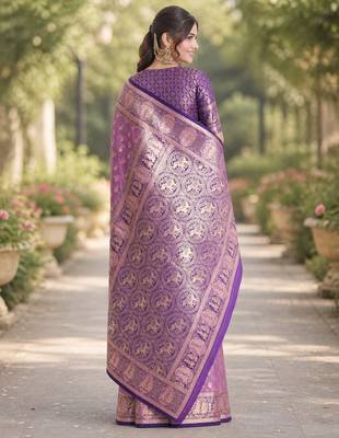 Lavender silk blend banarasi saree with unstitched blouse piece 3