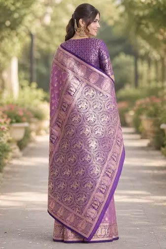 Lavender silk blend banarasi saree with unstitched blouse piece
