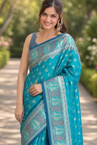 Rama soft silk banarasi jacuard work designer party wear saree with unstitched blouse piece