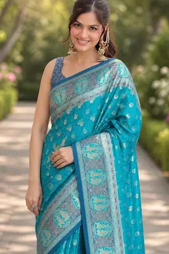 Rama soft silk banarasi jacuard work designer party wear saree with unstitched blouse piece