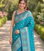 Rama silk blend banarasi saree with unstitched blouse piece