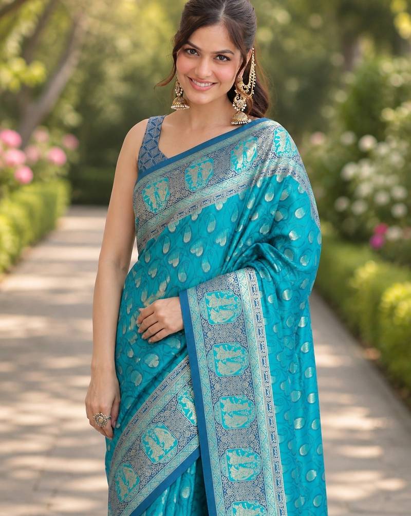 Rama soft silk banarasi jacuard work designer party wear saree with unstitched blouse piece