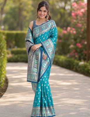 Rama silk blend banarasi saree with unstitched blouse piece 2