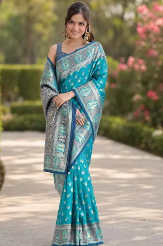 Rama silk blend banarasi saree with unstitched blouse piece