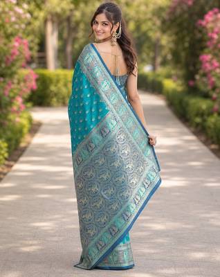 Rama silk blend banarasi saree with unstitched blouse piece 3