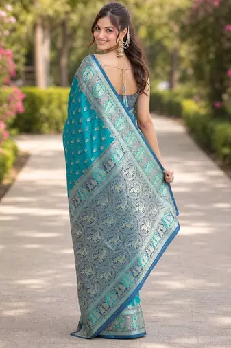 Rama silk blend banarasi saree with unstitched blouse piece