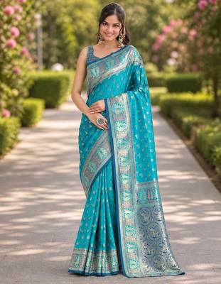 Rama silk blend banarasi saree with unstitched blouse piece 4