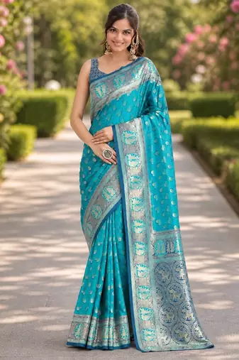 Rama silk blend banarasi saree with unstitched blouse piece