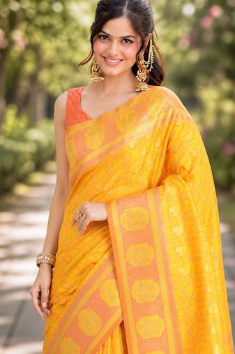 Yellow soft silk banarasi jacuard work designer party wear saree with unstitched blouse piece