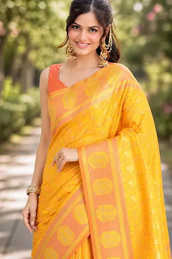 Yellow soft silk banarasi jacuard work designer party wear saree with unstitched blouse piece