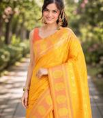 Yellow silk blend banarasi saree with unstitched blouse piece