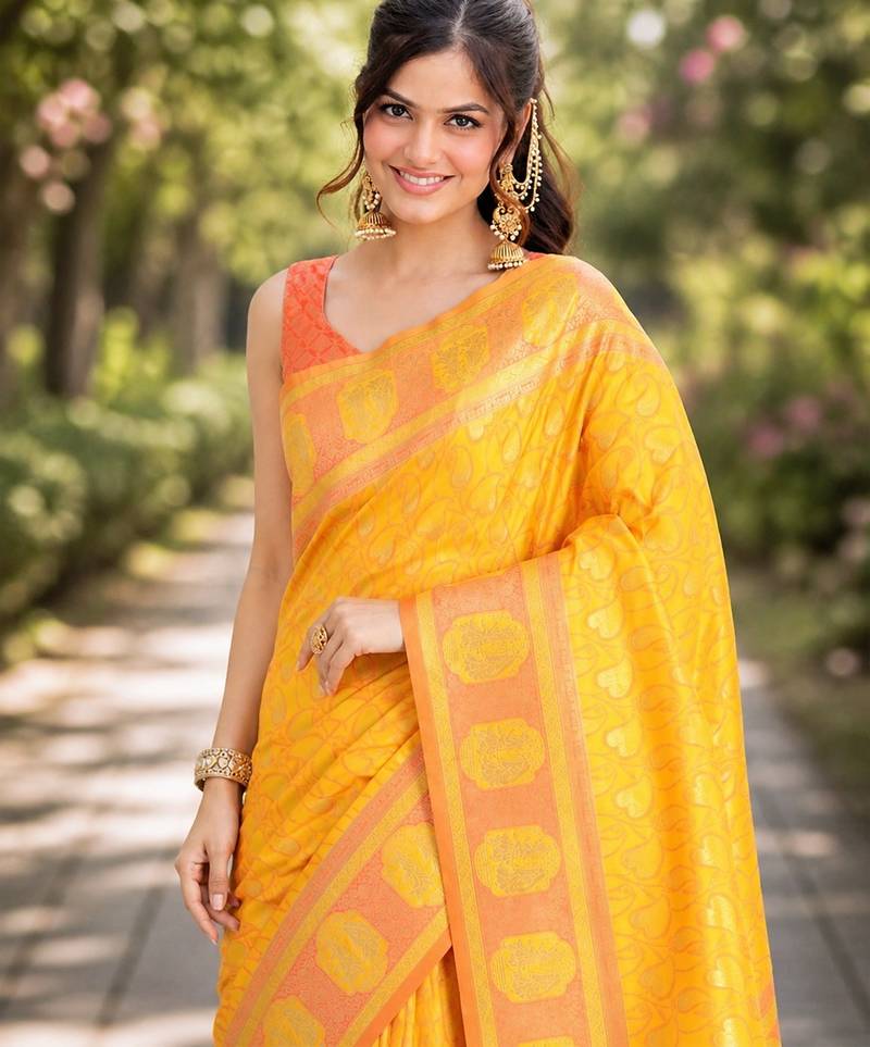 Yellow soft silk banarasi jacuard work designer party wear saree with unstitched blouse piece