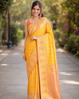 Yellow silk blend banarasi saree with unstitched blouse piece 2