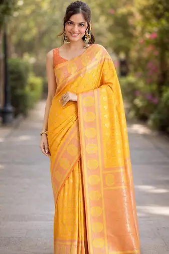Yellow silk blend banarasi saree with unstitched blouse piece