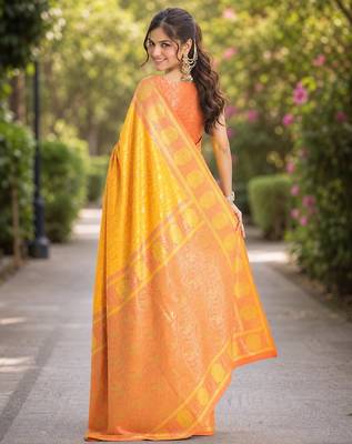 Yellow silk blend banarasi saree with unstitched blouse piece 3