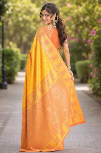 Yellow silk blend banarasi saree with unstitched blouse piece