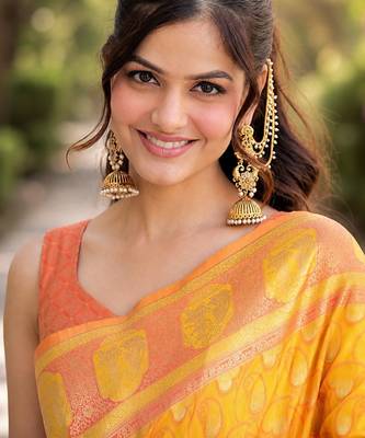 Yellow silk blend banarasi saree with unstitched blouse piece 4
