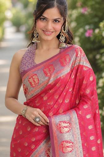 Pink soft silk banarasi jacuard work designer party wear saree with unstitched blouse piece