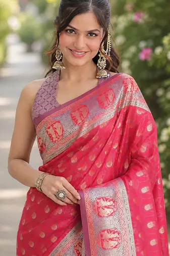 Pink soft silk banarasi jacuard work designer party wear saree with unstitched blouse piece
