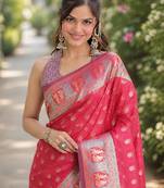 Pink silk blend banarasi saree with unstitched blouse piece