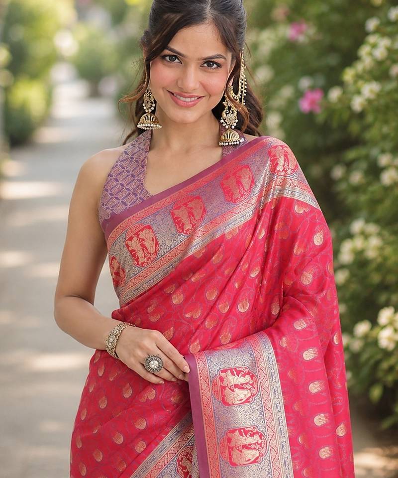 Pink soft silk banarasi jacuard work designer party wear saree with unstitched blouse piece