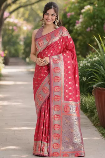 Pink silk blend banarasi saree with unstitched blouse piece