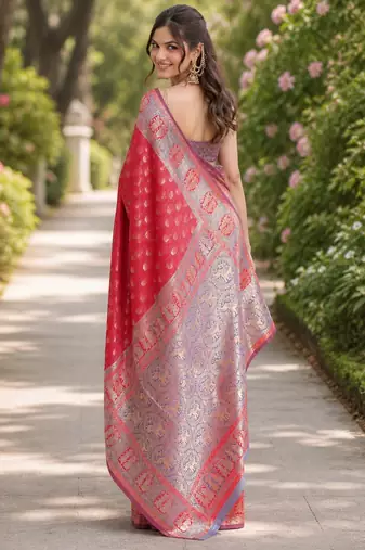 Pink silk blend banarasi saree with unstitched blouse piece