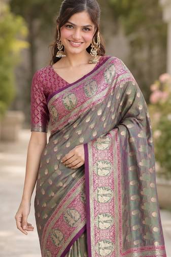 Sea green soft silk banarasi jacuard work designer party wear saree with unstitched blouse piece
