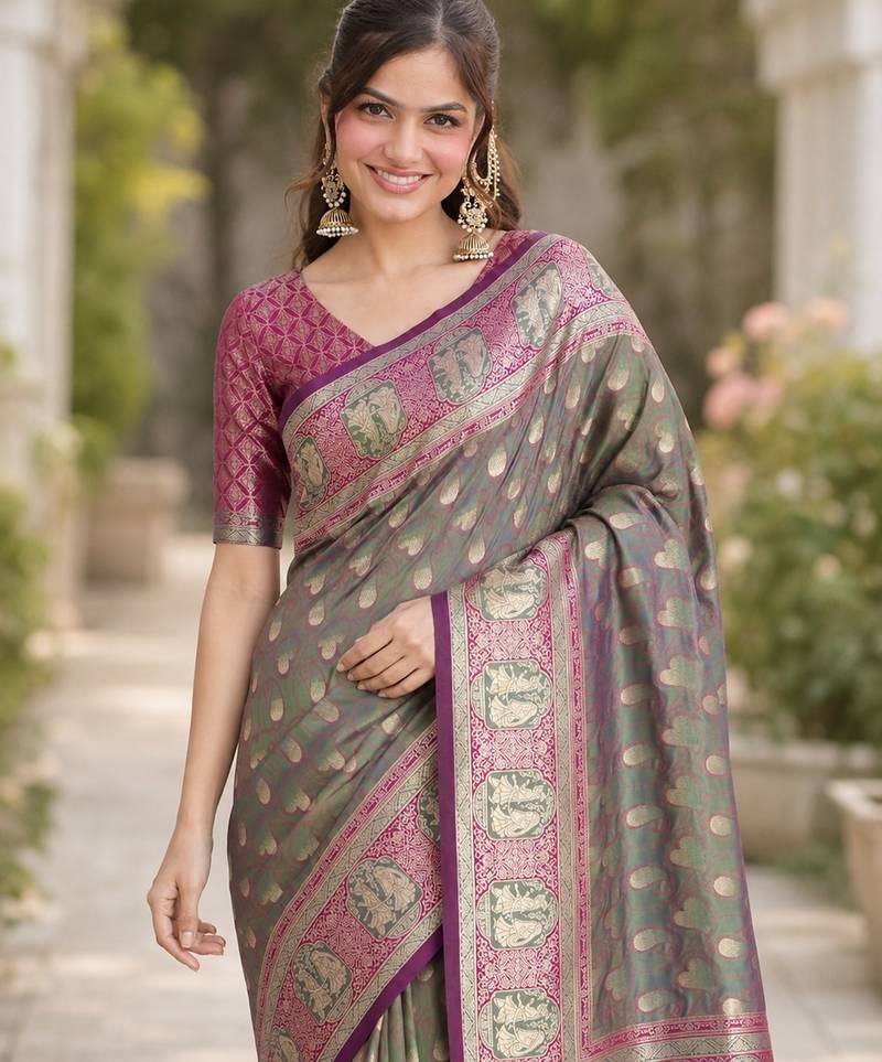 Sea green soft silk banarasi jacuard work designer party wear saree with unstitched blouse piece