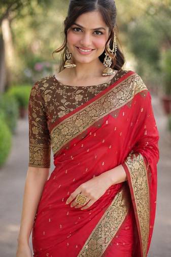 Red soft silk banarasi jacuard work designer party wear saree with unstitched blouse piece