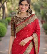 Red silk blend banarasi saree with unstitched blouse piece